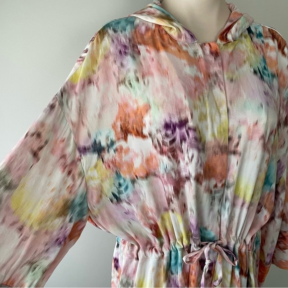 GAP Hooded Long Jacket Watercolor Button Down Kimono Cinchable Hem Large XL - Picture 4 of 12